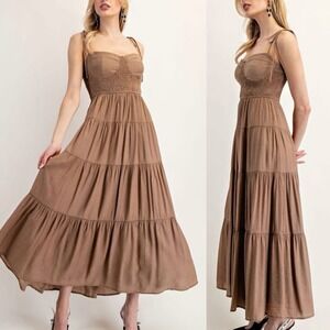 Blush & Day Boutique Corset Maxi Dress M Brown Tie Shoulder Milkmaid Tiered
